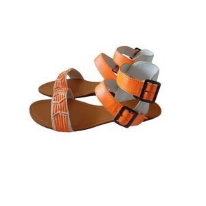 Bamboo-Low Heel Buckle Sandals-Woven Detail-Orange-Womens size 7